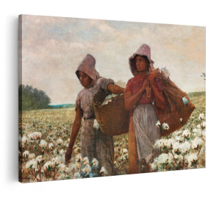 Artaza Canvas Schilderij Twee Vrouwen Oogsten Katoen op een Veld onder een Bewolkte Hemel - 90x60 cm - Wanddecoratie Woonkamer - Schilderijen - Muurdecoratie