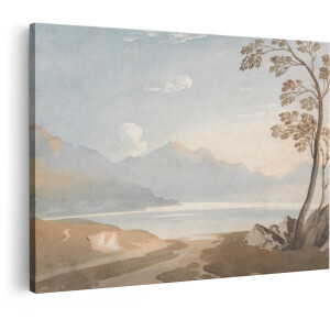 Artaza Canvas Schilderij Schilderachtige Waterverf van een Serene Bergachtige Landschap met een Meer - 90x60 cm - Wanddecoratie Woonkamer - Schilderijen - Muurdecoratie