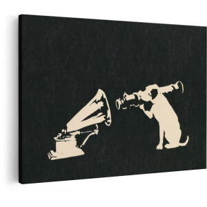 Artaza Canvas Schilderij Banksy Hond Met Grammofoon - 120x80 cm - Wanddecoratie Zwart Wit - Muurdecoratie Retro - Schilderijen Op Canvas