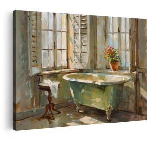 Artaza Canvas Schilderij Badkamer - 60x40 cm - Wanddecoratie Landelijk - Muurdecoratie Vintage Badkuip - Decoratie Brocante Bloemen