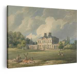 Artaza Canvas Schilderij Schilderij van een Landhuis met Herten in de Voorgrond en een Weelderige Tuin - 30x20 cm - Klein - Wanddecoratie Woonkamer - Schilderijen - Muurdecoratie