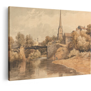 Artaza Canvas Schilderij Landschap - 120x80 cm - Wanddecoratie Vintage Dorp - Muurdecoratie Kerk En Brug - Decoratie Rivier - Schilderijen Op Canvas