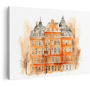 Artaza Canvas Schilderij Sfeervolle Aquarel van een Rij Oranje Gebouwen met Dakkapellen en Bomen - 120x80 cm - Groot - Wanddecoratie Woonkamer - Schilderijen - Muurdecoratie