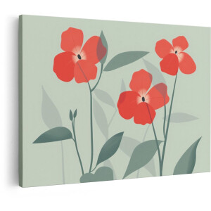 Artaza Canvas Schilderij Minimalistische Rode Bloemen met Groene Bladeren op een Zachte Achtergrond - 30x20 cm - Klein - Wanddecoratie Woonkamer - Schilderijen - Muurdecoratie