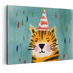 Artaza Canvas Schilderij Tijger - 90x60 cm - Wanddecoratie Kinderkamer - Muurdecoratie Babykamer - Decoratie Jongenskamer Feestmuts