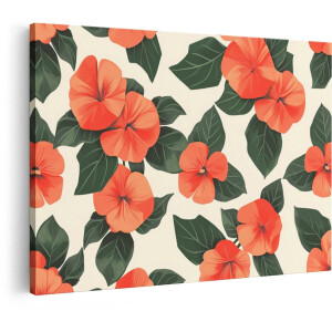 Artaza Canvas Schilderij Oranje Bloemen met Groene Bladeren Patroon op een Crème Achtergrond - 120x80 cm - Groot - Wanddecoratie Woonkamer - Schilderijen - Muurdecoratie