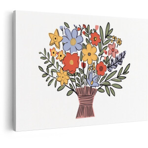 Artaza Canvas Schilderij Vrolijk Boeket met Kleurrijke Bloemen en Bladeren - Gestileerde Illustratie - 120x80 cm - Groot - Wanddecoratie Woonkamer - Schilderijen - Muurdecoratie
