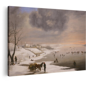 Artaza Canvas Schilderij Schilderij van een Winterlandschap met Schaatsers en Paarden op Bevroren Water - 120x80 cm - Groot - Wanddecoratie Woonkamer - Schilderijen - Muurdecoratie