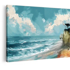 Artaza Canvas Schilderij Zee Landschap - 30x20 cm - Wanddecoratie Strand - Muurdecoratie Golven - Decoratie Maan Natuur - Blauw