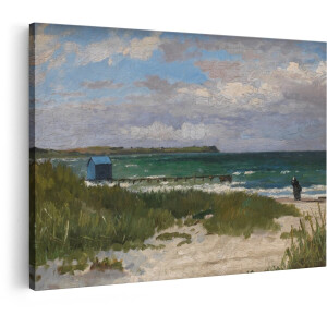 Artaza Canvas Schilderij Een Schilderachtig Strandgezicht met een Blauw Boothuis en een Eenzame Figuur aan Zee - 60x40 cm - Wanddecoratie Woonkamer - Schilderijen - Muurdecoratie