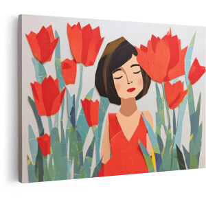 Artaza Canvas Schilderij Vrouw Met Bloemen - 60x40 cm - Wanddecoratie Rode Tulpen - Muurdecoratie Paper Art - Decoratie Woonkamer