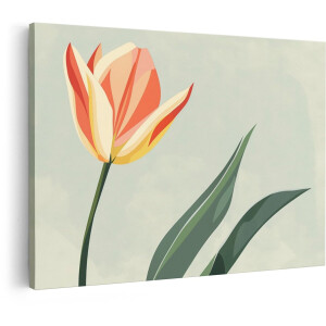 Artaza Canvas Schilderij Een Enkele Tulp met Oranje en Gele Strepen op een Zachte Achtergrond - 60x40 cm - Wanddecoratie Woonkamer - Schilderijen - Muurdecoratie