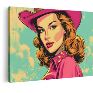 Artaza Canvas Schilderij Vrouw Met Cowboyhoed - 90x60 cm - Wanddecoratie Pop Art - Muurdecoratie Vintage - Schilderijen Op Canvas - Roze