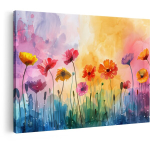 Artaza Canvas Schilderij Bloemen - 120x80 cm - Wanddecoratie Aquarel - Muurdecoratie Kleurrijk Bloemenveld - Decoratie Woonkamer - Schilderijen Op Canvas