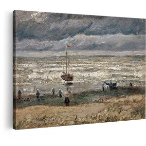 Artaza Canvas Schilderij Zee - 60x40 cm - Wanddecoratie Van Gogh - Muurdecoratie Strand - Schilderijen Boot - Stormachtig