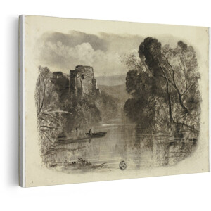 Artaza Canvas Schilderij Landschap - 120x80 cm - Wanddecoratie Vintage Rivier - Muurdecoratie Ruïne - Decoratie Roeiboot Bos