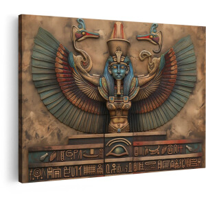 Artaza Canvas Schilderij Gevleugelde Egyptische Godin Isis met Hiërogliefen en het Oog van Horus - 90x60 cm - Wanddecoratie Woonkamer - Schilderijen - Muurdecoratie