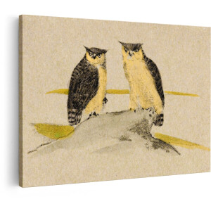 Artaza Canvas Schilderij Twee Uilen op een Tak - een Klassieke Illustratie in Zachte Kleuren - 120x80 cm - Groot - Wanddecoratie Woonkamer - Schilderijen - Muurdecoratie