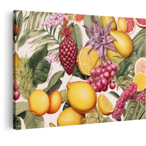 Artaza Canvas Schilderij Levendige Tropische Vruchten en Bladeren in een Weelderig - Gedetailleerd Patroon - 90x60 cm - Wanddecoratie Woonkamer - Schilderijen - Muurdecoratie