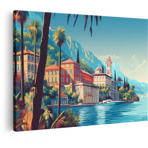 Artaza Canvas Schilderij Italiaans Landschap - 30x20 cm - Wanddecoratie Comomeer - Muurdecoratie Palmbomen - Schilderijen Op Canvas Bergen