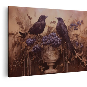 Artaza Canvas Schilderij Twee Kraaien Zitten op een Vaas met Druiven en Bladeren - 30x20 cm - Klein - Wanddecoratie Woonkamer - Schilderijen - Muurdecoratie