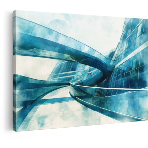 Artaza Canvas Schilderij Futuristische Architectuur met Glazen Bruggen en Gebouwen in Blauwtinten - 90x60 cm - Wanddecoratie Woonkamer - Schilderijen - Muurdecoratie