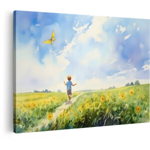Artaza Canvas Schilderij Zonnebloemen Landschap - 30x20 cm - Wanddecoratie Natuur - Muurdecoratie Kinderkamer Vlinder - Schilderijen Op Canvas Jongenskamer