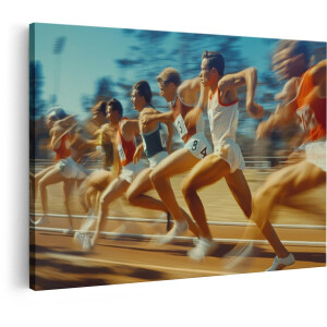 Artaza Canvas Schilderij Atleten in Volle Sprint op een Atletiekbaan - Bewegingsonscherpte Creëert Dynamiek - 60x40 cm - Wanddecoratie Woonkamer - Schilderijen - Muurdecoratie