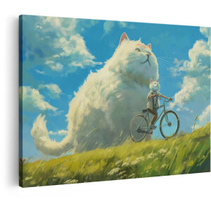 Artaza Canvas Schilderij Katten - 30x20 cm - Wanddecoratie Jongenskamer - Muurdecoratie Fietser - Decoratie Landschap - Wit