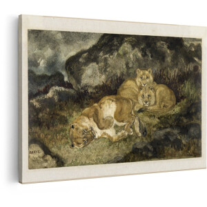 Artaza Canvas Schilderij Drie Leeuwenwelpen Rusten in een Ruige - Natuurlijke Omgeving met Rotsen en Gras - 30x20 cm - Klein - Wanddecoratie Woonkamer - Schilderijen - Muurdecoratie