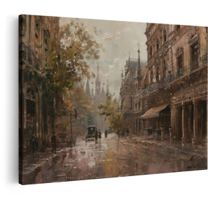 Artaza Canvas Schilderij Schilderij van een Regenachtige Straatscène in Parijs met Paardenkoetsen en Gebouwen - 30x20 cm - Klein - Wanddecoratie Woonkamer - Schilderijen - Muurdecoratie