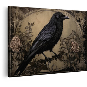 Artaza Canvas Schilderij Raaf - 120x80 cm - Wanddecoratie Vogel - Muurdecoratie Vintage - Decoratie Rozen Zwart