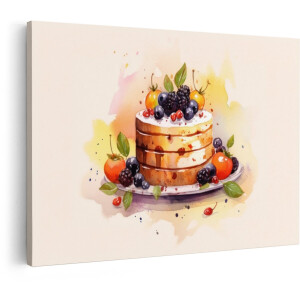 Artaza Canvas Schilderij Lekkere Taart met Vers Fruit en Bessen - Geschilderd in Aquarel - 60x40 cm - Wanddecoratie Woonkamer - Schilderijen - Muurdecoratie