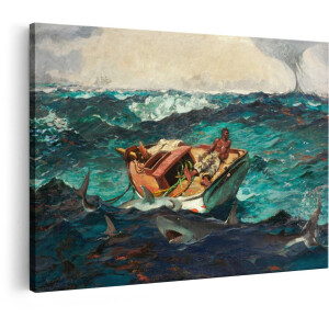 Artaza Canvas Schilderij Haaien - 30x20 cm - Wanddecoratie Stormachtige Zee - Muurdecoratie Boot - Kamer Accessoires Klassiek