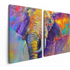 Artaza Canvas Schilderij Tweeluik Olifant Van Olieverf - Kleur - Abstract - 120x80 - Foto Op Canvas - Canvas Print