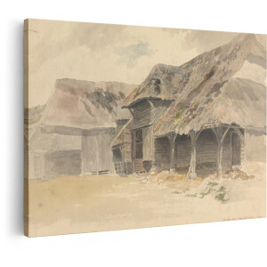 Artaza Canvas Schilderij Schilderij van Oude Boerderijgebouwen met Rieten Daken en Houten Gevels - 60x40 cm - Wanddecoratie Woonkamer - Schilderijen - Muurdecoratie