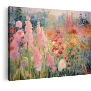 Artaza Canvas Schilderij Impressionistische Bloementuin met Roze en Rode Bloemen in de Zomerzon - 60x40 cm - Wanddecoratie Woonkamer - Schilderijen - Muurdecoratie