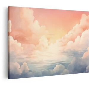 Artaza Canvas Schilderij Zachte Pastelkleurige Wolkenhemel bij Zonsopgang of Zonsondergang met Zonnestralen - 90x60 cm - Wanddecoratie Woonkamer - Schilderijen - Muurdecoratie
