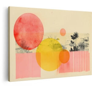 Artaza Canvas Schilderij Abstracte Collage met Cirkels en Plantenmotieven in Heldere Kleuren - 120x80 cm - Groot - Wanddecoratie Woonkamer - Schilderijen - Muurdecoratie