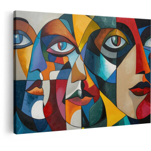 Artaza Canvas Schilderij Abstracte Gezichten in Kubistische Stijl met Levendige Kleuren en Geometrische Vormen - 90x60 cm - Wanddecoratie Woonkamer - Schilderijen - Muurdecoratie
