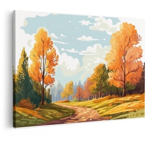 Artaza Canvas Schilderij Herfstlandschap - 120x80 cm - Wanddecoratie Natuur - Muurdecoratie Bos - Decoratie Bomen - Oranje