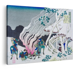 Artaza Canvas Schilderij Ukiyo-E Houtsnede van een Groep Mensen Die zich Opwarmen bij een Kampvuur in de Sneeuw - 30x20 cm - Klein - Wanddecoratie Woonkamer - Schilderijen - Muurdecoratie