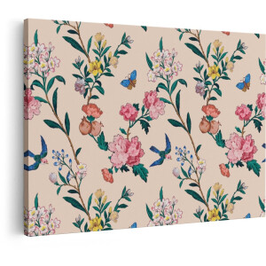 Artaza Canvas Schilderij Bloemen - 120x80 cm - Wanddecoratie Vintage - Muurdecoratie Vogels - Schilderijen Op Canvas Roze