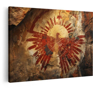 Artaza Canvas Schilderij Rotstekening Vogel - 90x60 cm - Wanddecoratie Zon - Muurdecoratie Abstract - Decoratie Tribal - Rood