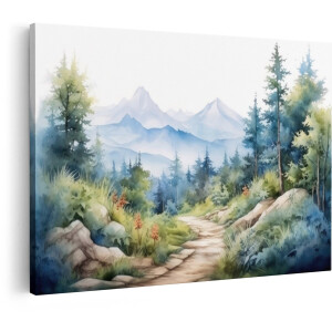 Artaza Canvas Schilderij Schilderachtig Berglandschap met een Kronkelend Pad door een Bos in Aquarel - 30x20 cm - Klein - Wanddecoratie Woonkamer - Schilderijen - Muurdecoratie