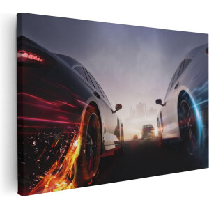 Artaza Canvas Schilderij Twee Raceauto's - Blauw Tegen Rood - 30x20 - Klein - Foto Op Canvas - Canvas Print