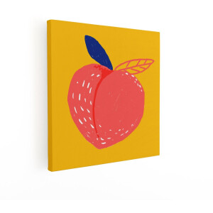 Artaza Canvas Schilderij Vrolijke Perzik Illustratie met Blauw Blad en Gele Achtergrond - 70x70 cm - Wanddecoratie Woonkamer - Schilderijen - Muurdecoratie