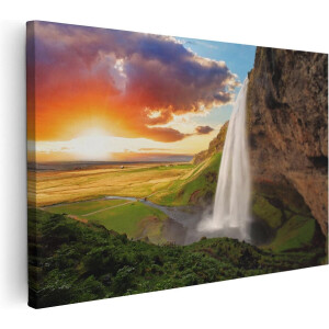 Artaza Canvas Schilderij Waterval In IJsland Met Zonsondergang - 30x20 - Klein - Foto Op Canvas - Canvas Print