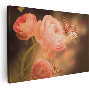 Artaza Canvas Schilderij Bloemen Met Vlinders - 30x20 cm - Klein - Wanddecoratie Woonkamer - Muurdecoratie Rozen - Kamer Accessoires