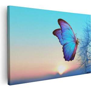 Artaza Canvas Schilderij Blauwe Vlinder Bij Paardenbloemen - 120x80 - Groot - Foto Op Canvas - Wanddecoratie Woonkamer